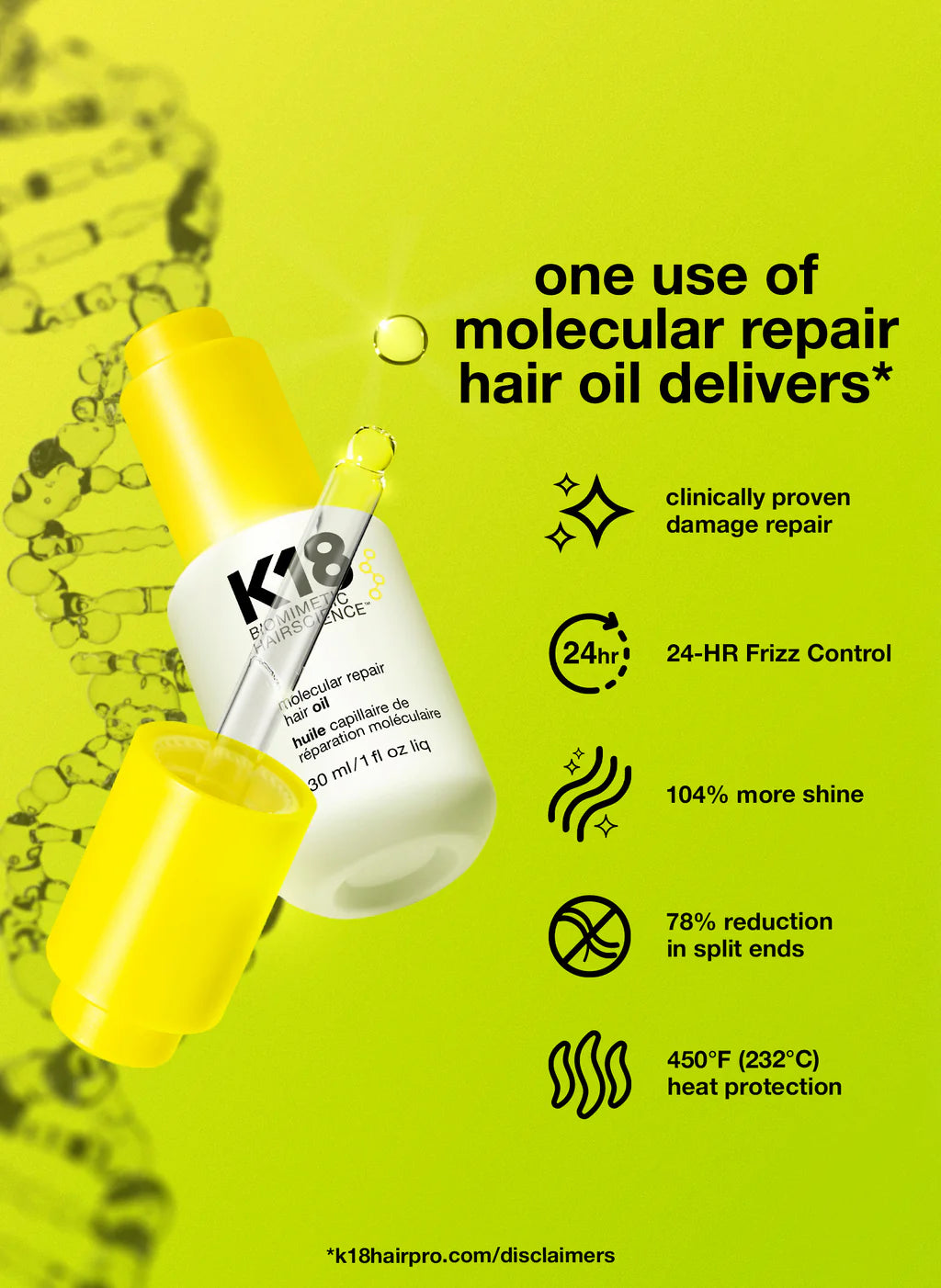 Aceite Capilar K18 para reparación profunda y brillo sin peso, ideal para controlar el frizz en todo tipo de cabello