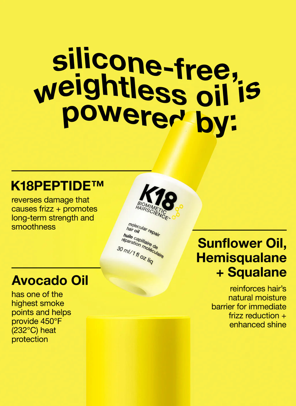 Aceite Capilar K18 para reparación profunda y brillo sin peso, ideal para controlar el frizz en todo tipo de cabello