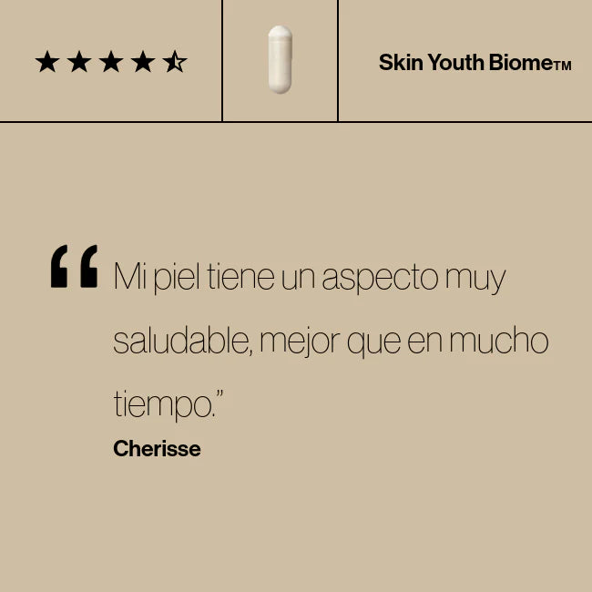 Cápsulas de Skin Youth Biome™ en envase ecológico, diseñadas para mejorar la juventud y luminosidad de la piel.