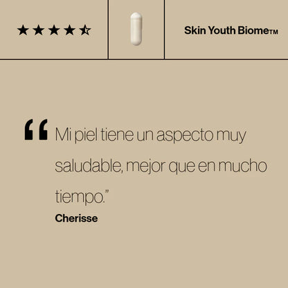 Cápsulas de Skin Youth Biome™ en envase ecológico, diseñadas para mejorar la juventud y luminosidad de la piel.