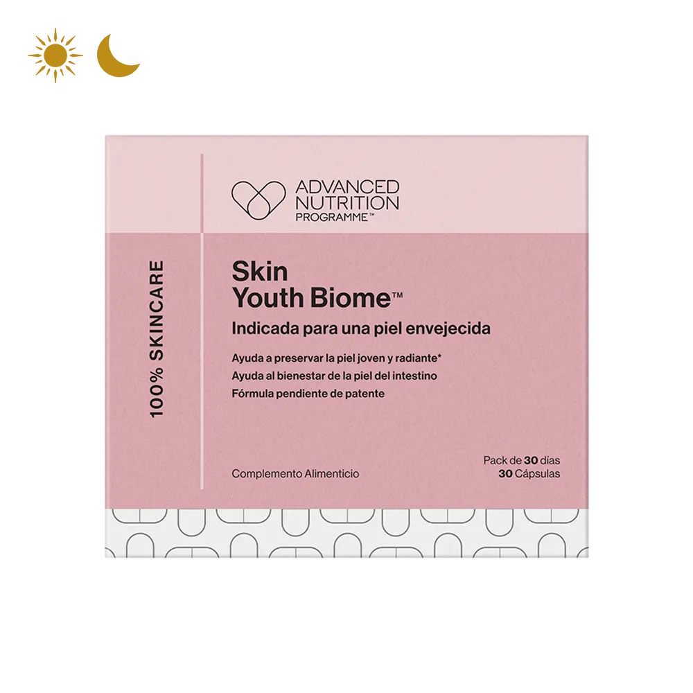 Cápsulas de Skin Youth Biome™ en envase ecológico, diseñadas para mejorar la juventud y luminosidad de la piel.