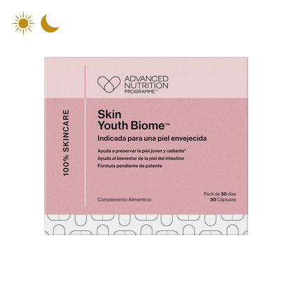 Cápsulas de Skin Youth Biome™ en envase ecológico, diseñadas para mejorar la juventud y luminosidad de la piel.