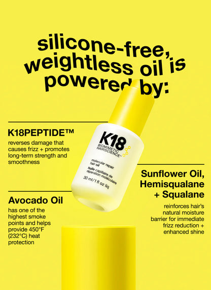 Aceite Capilar K18 para reparación profunda y brillo sin peso, ideal para controlar el frizz en todo tipo de cabello
