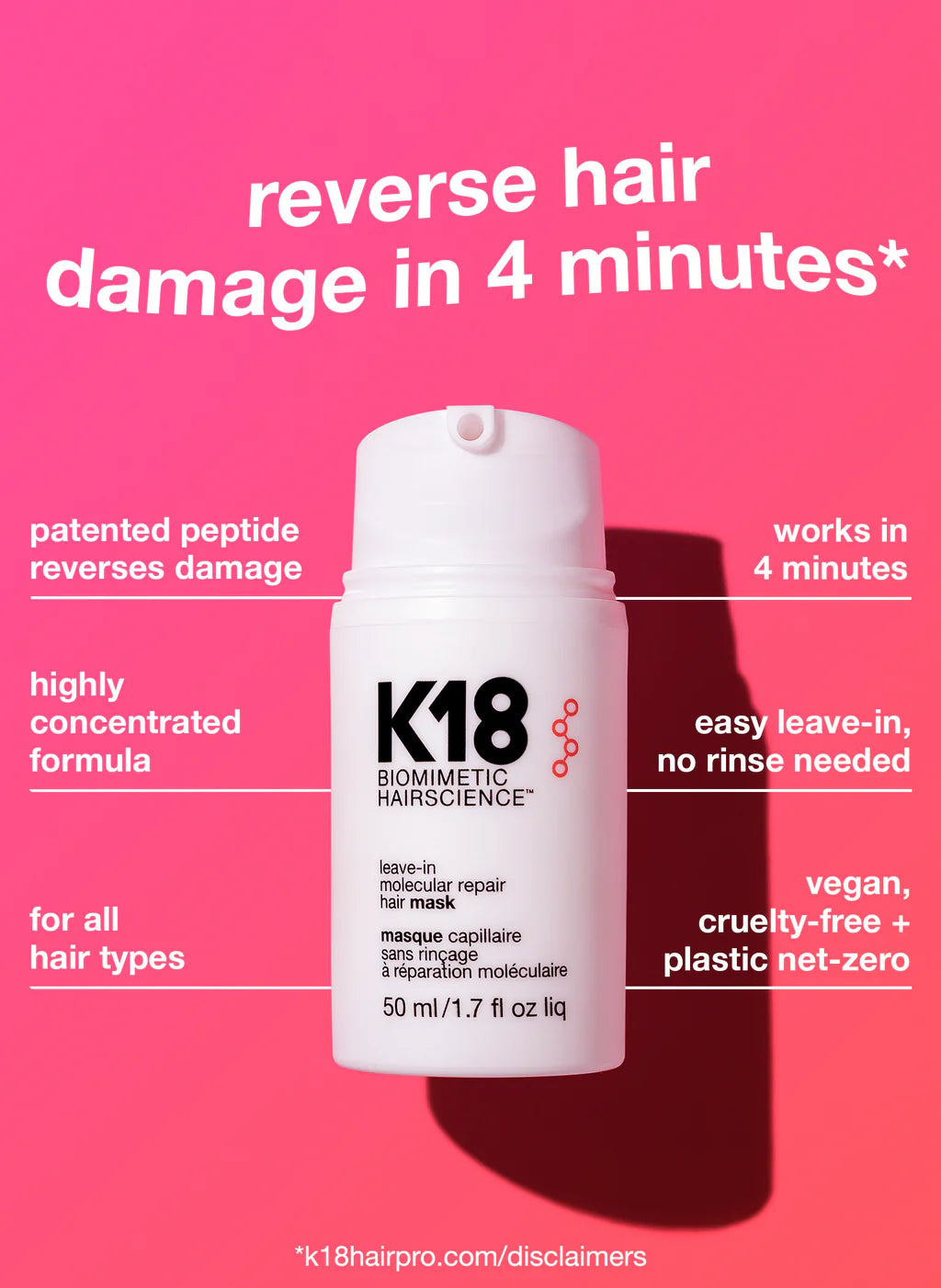 Mascarilla K18 para reparación molecular sin enjuague, ideal para todo tipo de cabello, con tecnología de péptidos patentados